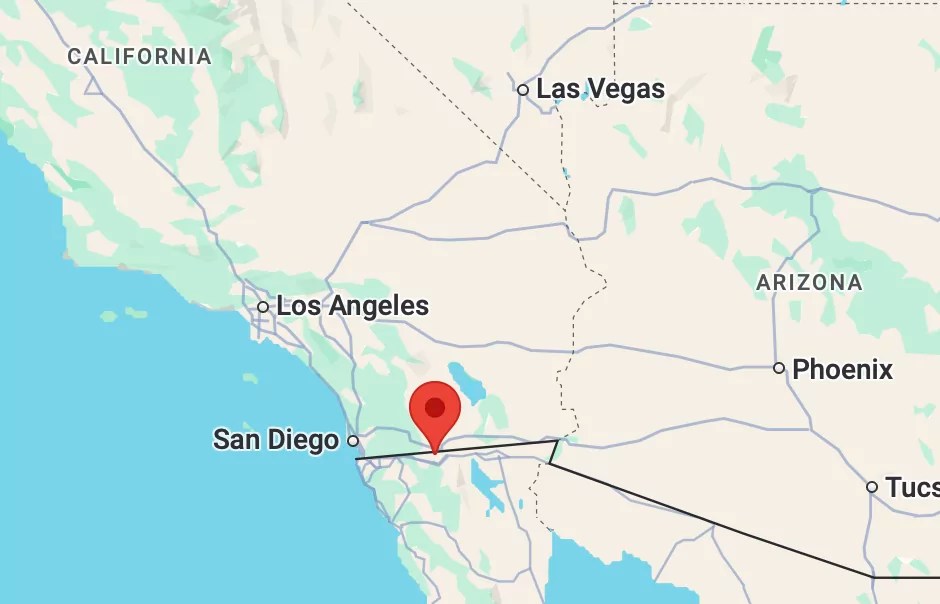 The red pin shows where Jacumba Hot Springs, CA, is located on the U.S.-Mexico border. (Screenshot: Google Maps)